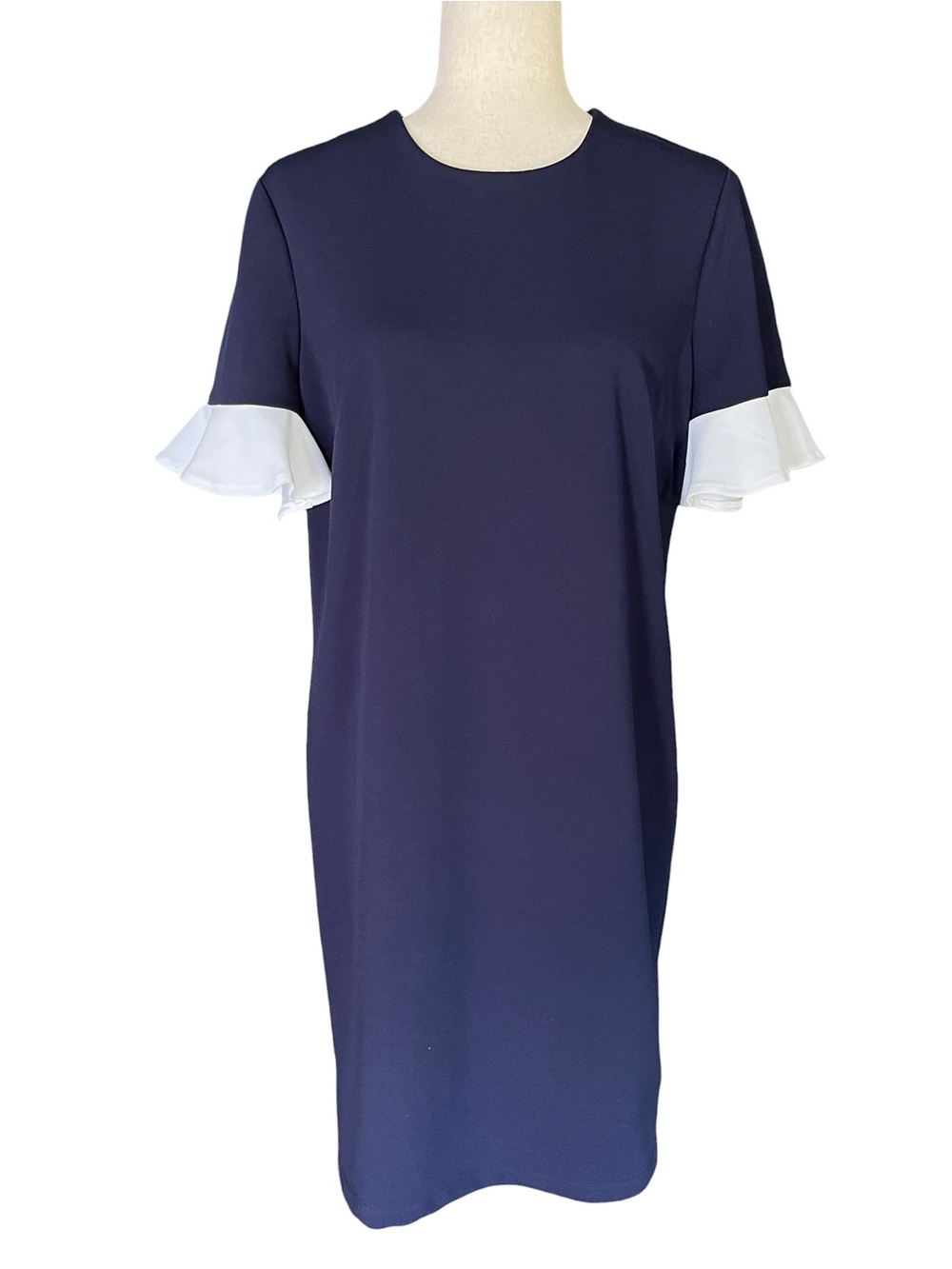 Harper 241 Blue Knit Shift Dress with White Ruffle Sleeve